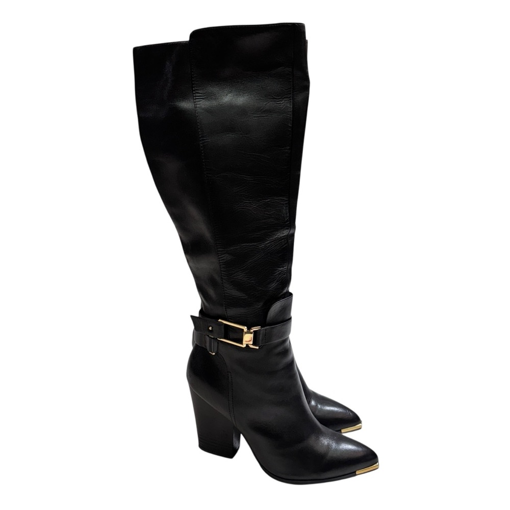 Aldo Black Leather Gold Buckle Tall Boots Sz 10